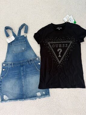 New girls Sz 12 GUESS Black Rhinestone Logo Tee with Denim Overall Skirt